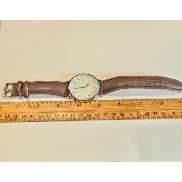 Women's Quartz Watch White Dial Brown Faux Leather Band Silver Case 40mm - Picture 5 of 12